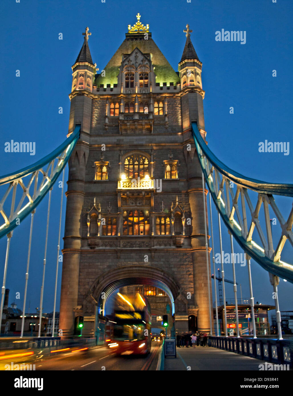 Night view of Tower Bridge, a combined bascule and suspension bridge over the River Thames, an iconic symbol of London Stock Photo