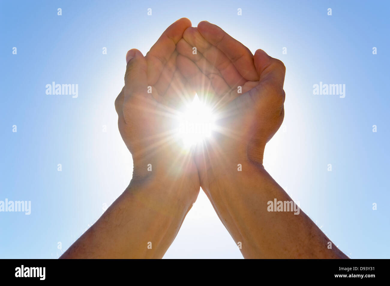 Hand Held Aloft Curved Into U Shape Cupping Copy Space Stock Photo