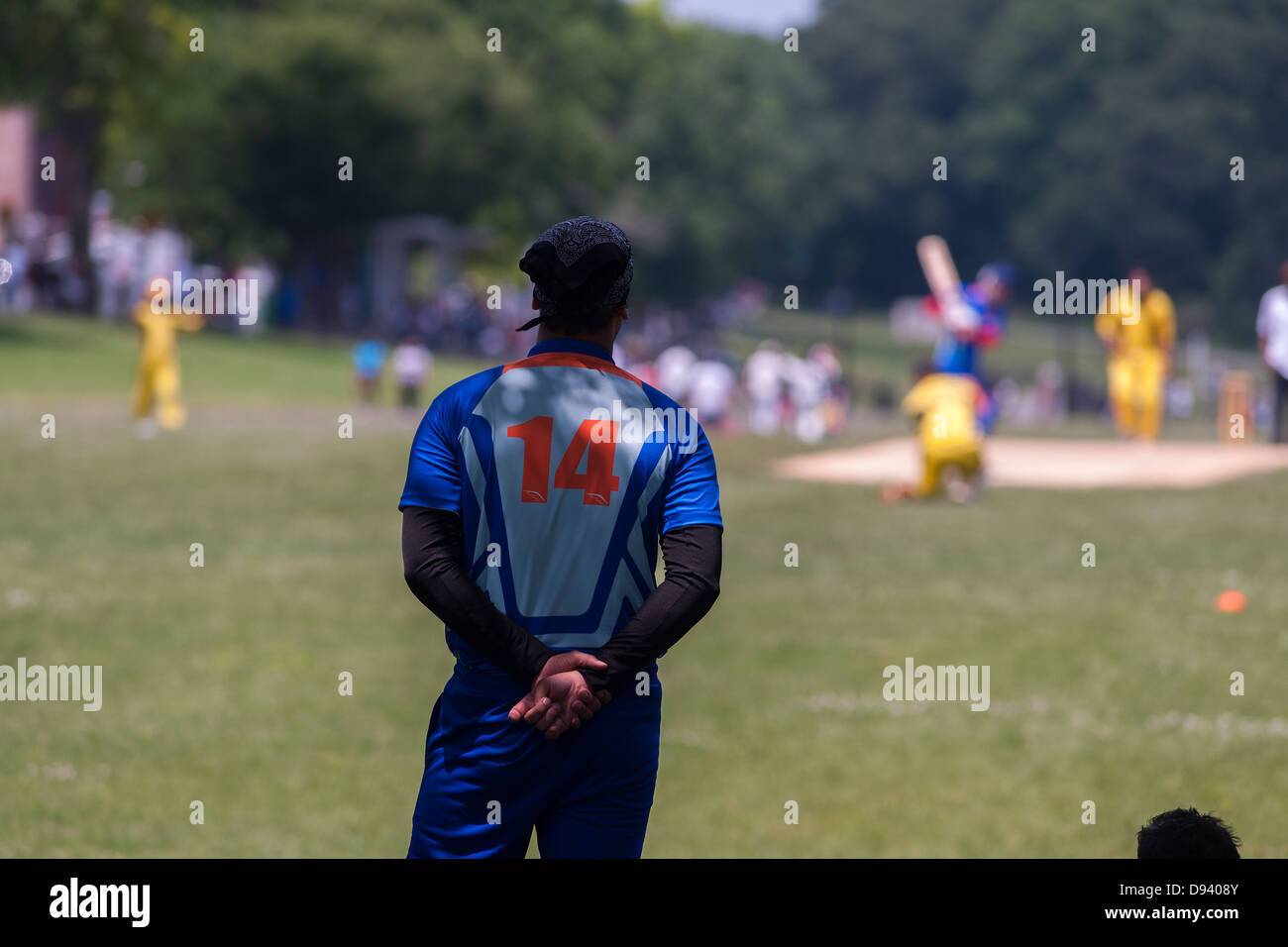 Cricketers play cricket in Van Cortlandt Park in the Bronx in New York