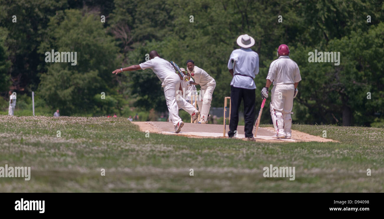 Cricketers play cricket in Van Cortlandt Park in the Bronx in New York