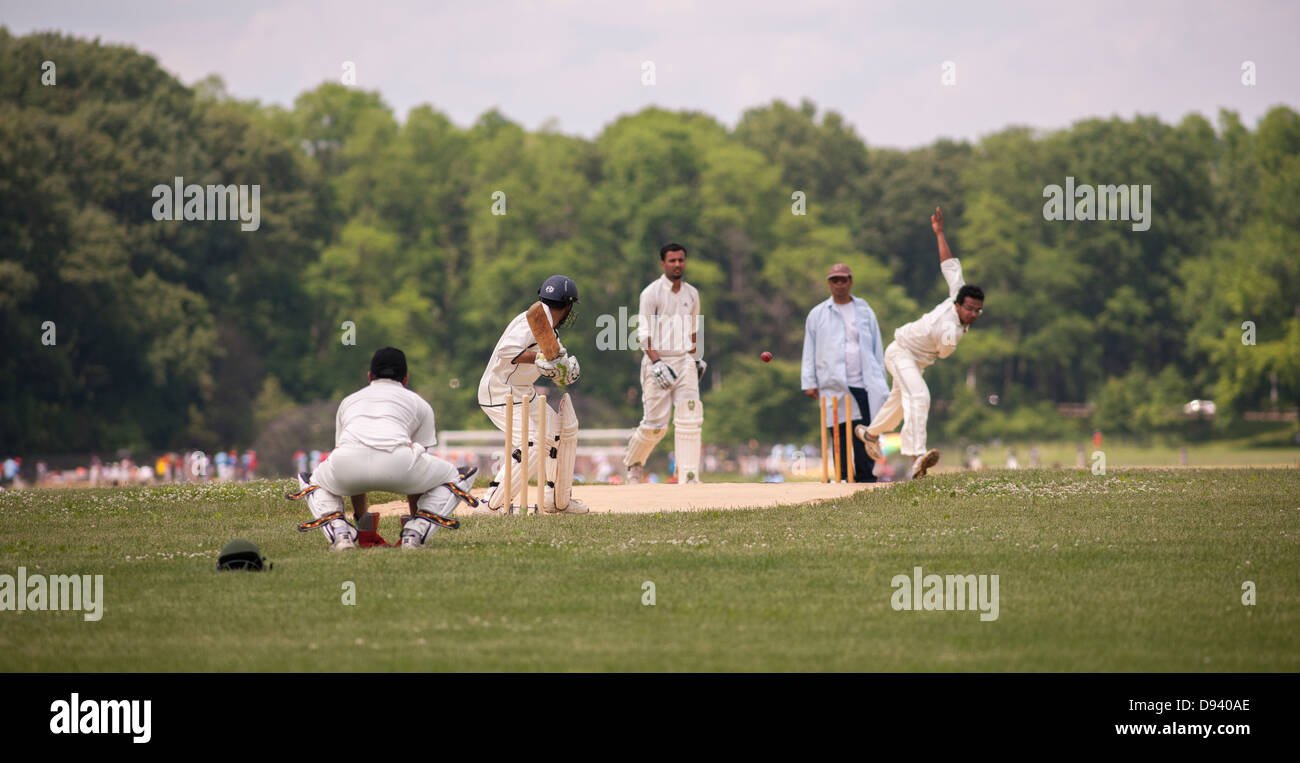 Cricketers play cricket in Van Cortlandt Park in the Bronx in New York