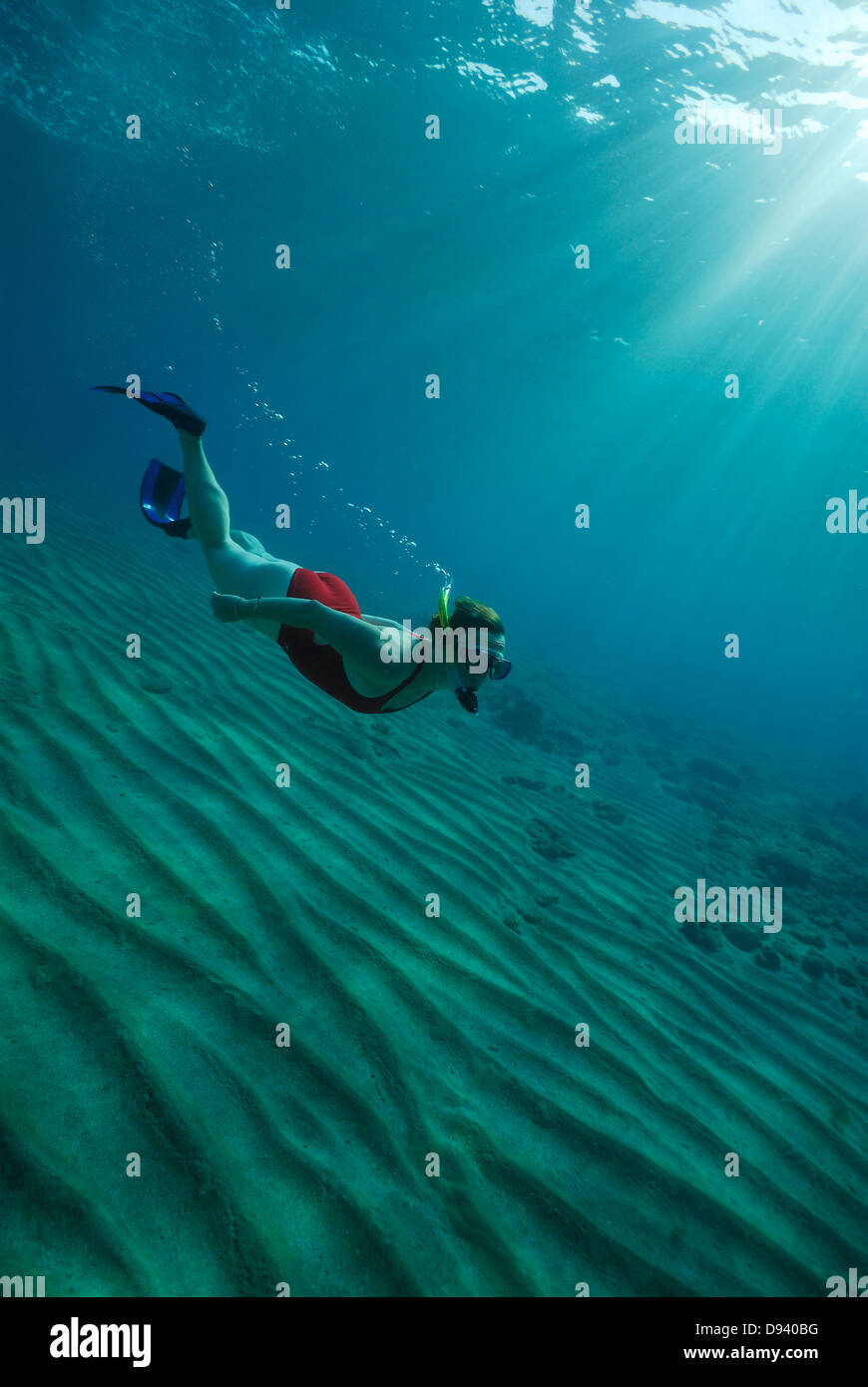 Woman free diving under sea Stock Photo