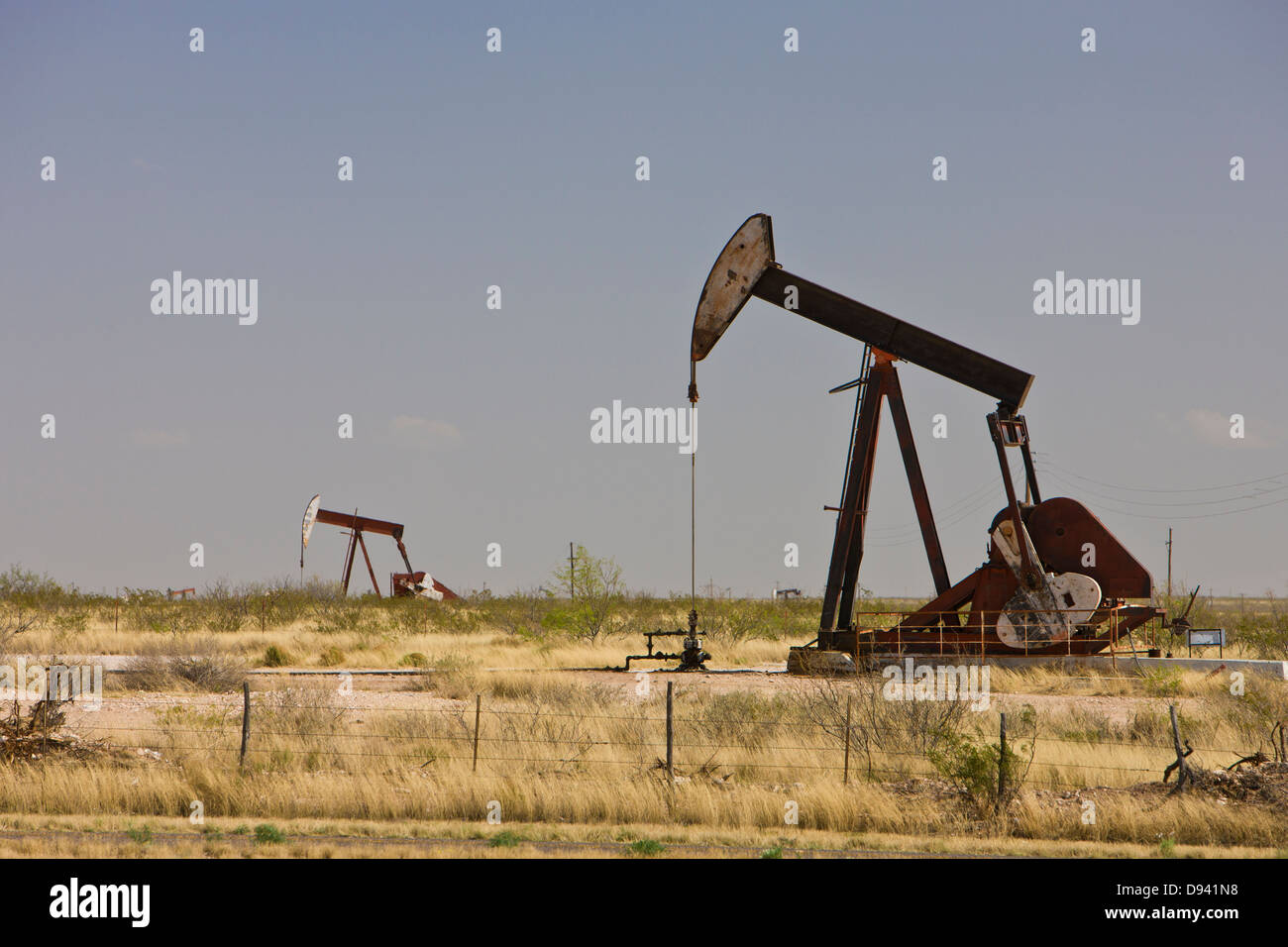 Oil pumps in desert, Texas, USA. Stock Photo