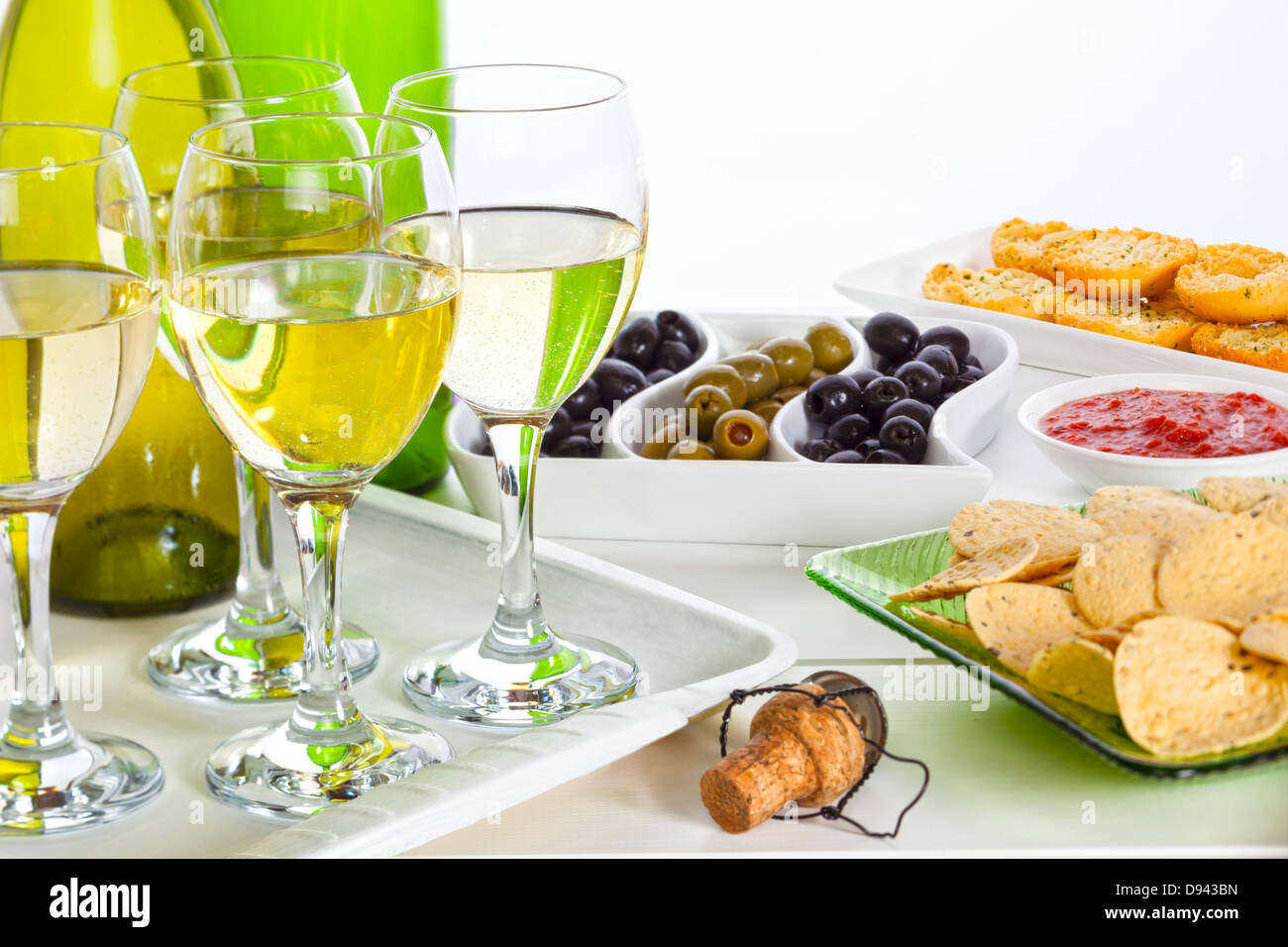 Food and wine on a celebration buffet table, copy space. Stock Photo