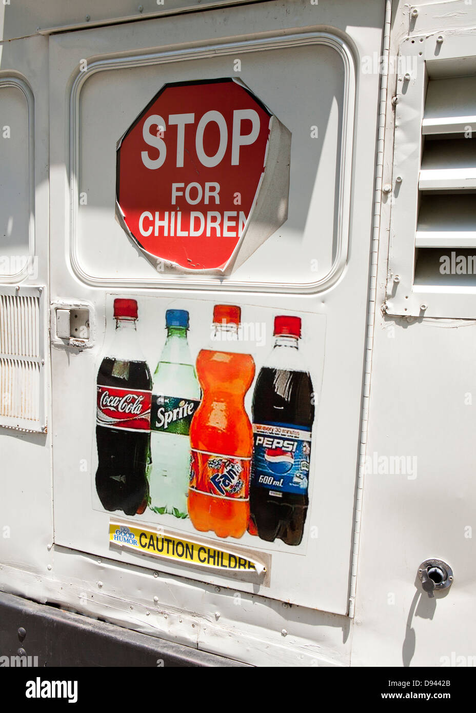 Stop for Children sign and soda pop ad on food vendor truck - USA Stock Photo