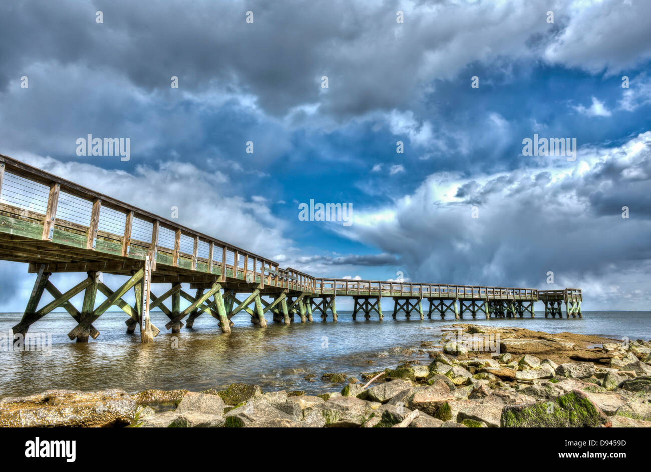 A fishing pier on the Chesapeake bay in Maryland during summer Stock