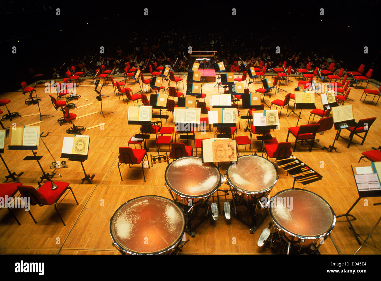 Stockholm Philharmonic Orchestra with music stands and sheets and empty chairs before performance at Stockholm Concert House Stock Photo