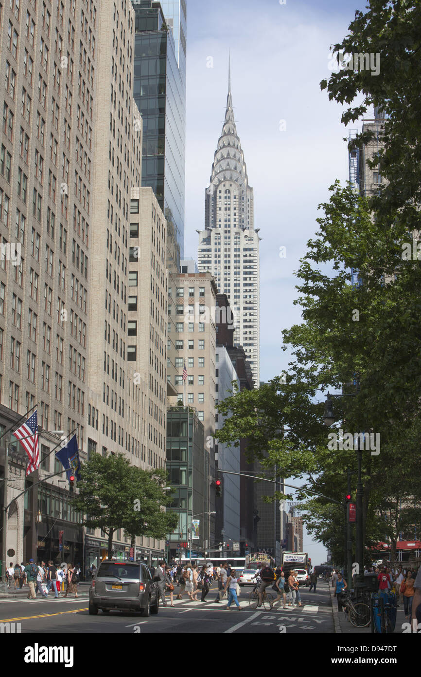 Looking east along 42nd Street, with the Chrysler Building shooting up in the background, NYC. Stock Photo