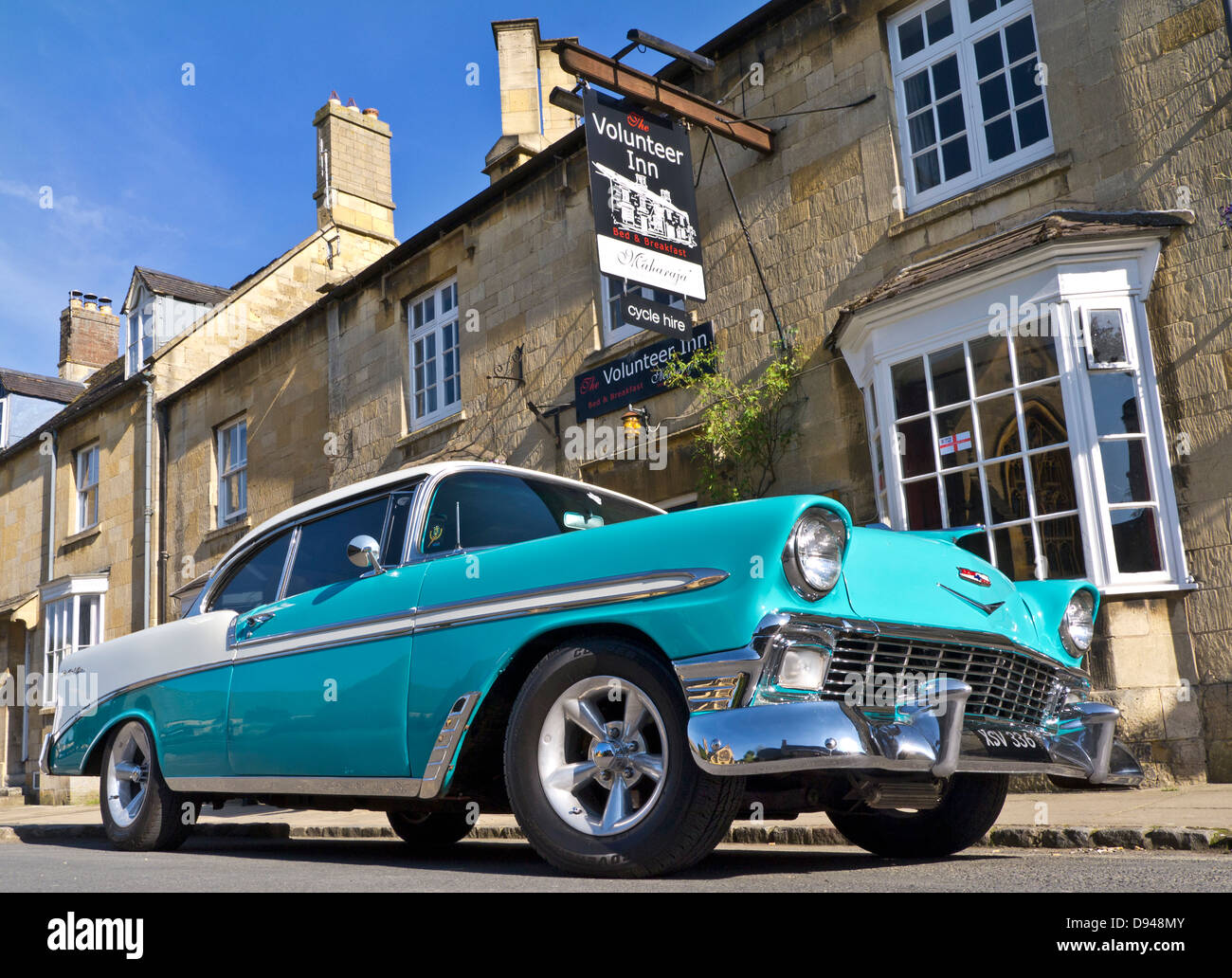 1950's/60's Chevrolet Bel Air Hardtop American classic car outside a Cotswolds B&B public house Stock Photo