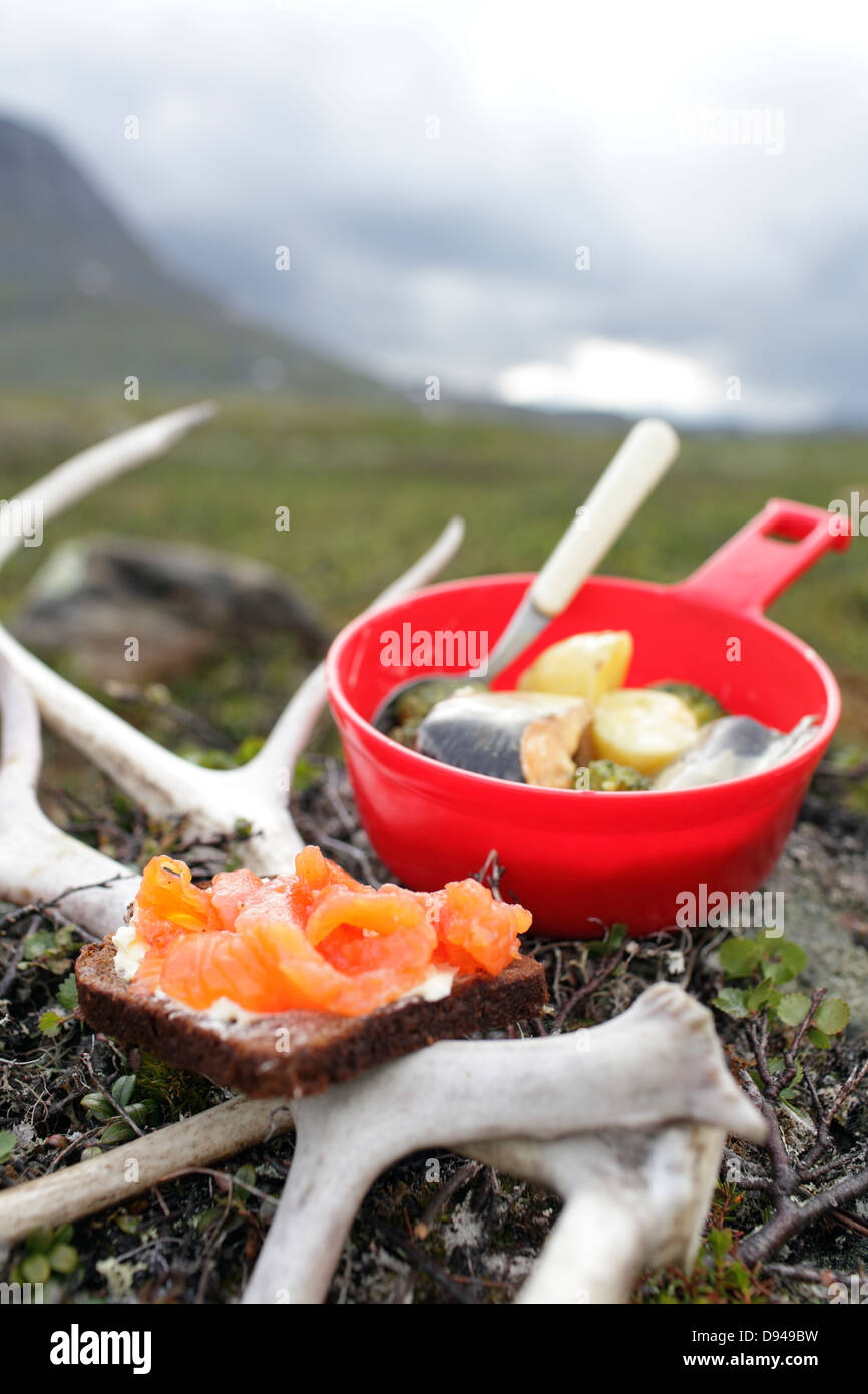 Fish meal on reindeer horns Stock Photo