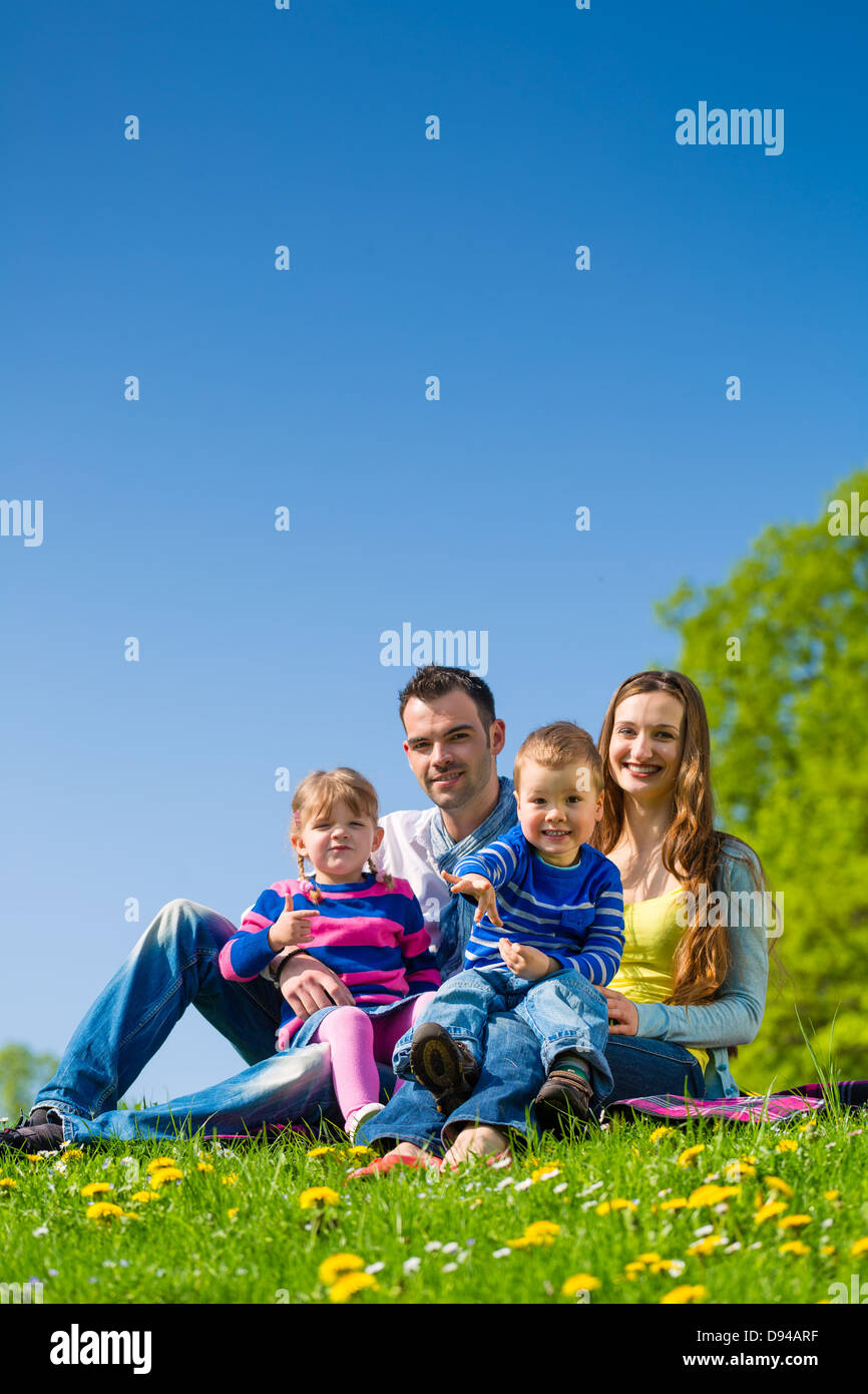 Happy family with daughter and son sitting in a meadow in summer Stock Photo