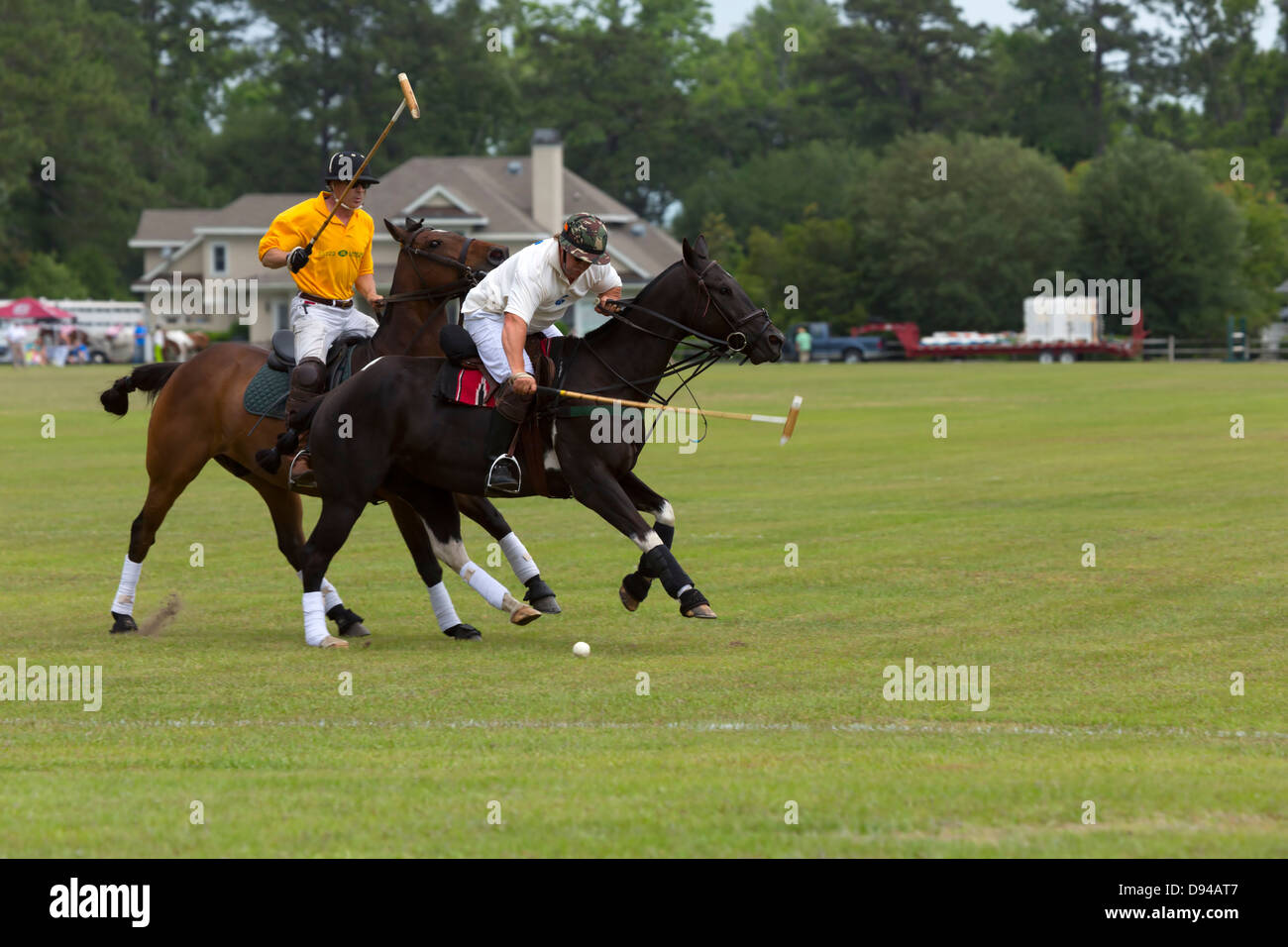 Defending player attempts to strike the ball with his mallet during a polo match. A member of the opposing team follows. Stock Photo