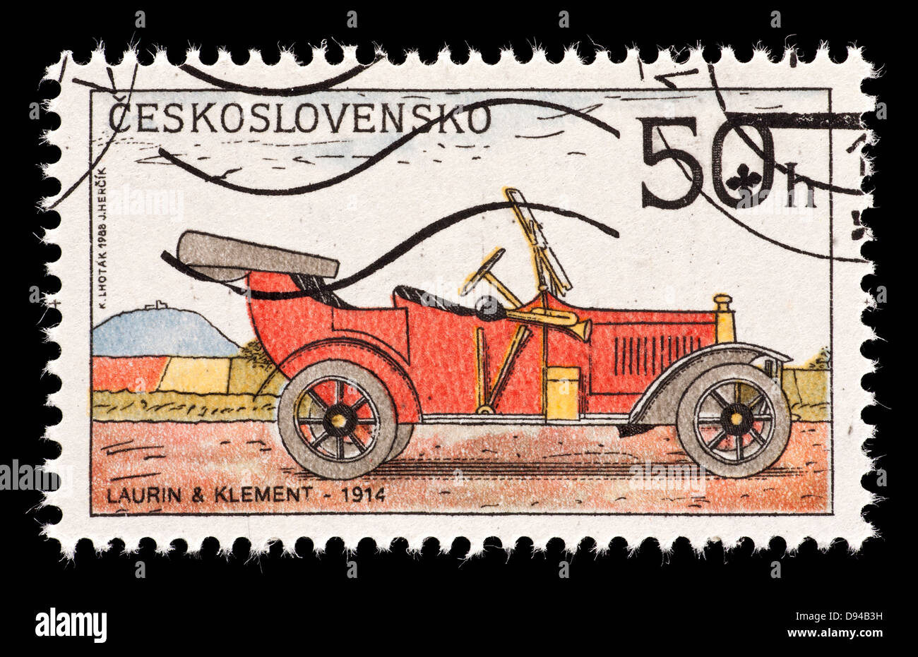 Postage stamp from Czechoslovakia depicting a 1914 Laurin and Klement classic automobile. Stock Photo