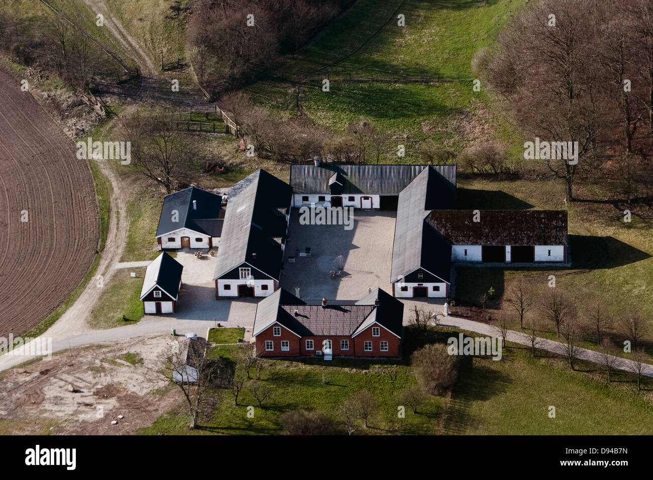 A farm, aerial view, Skane, Sweden. Stock Photo