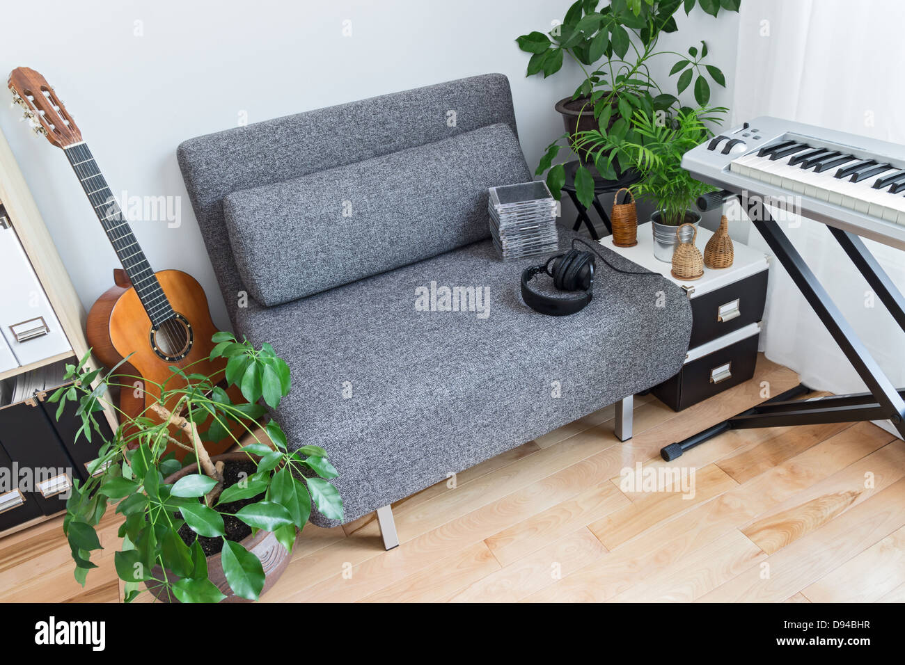 Musician's home. Armchair, musical instruments and lots of green plants ...