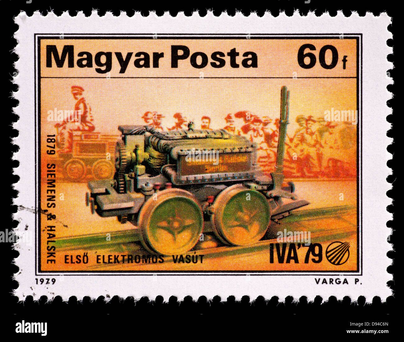 Postage stamp from Hungary depicting Siemens first electric locomotive in 1879, for the International Transportation Exhibition Stock Photo