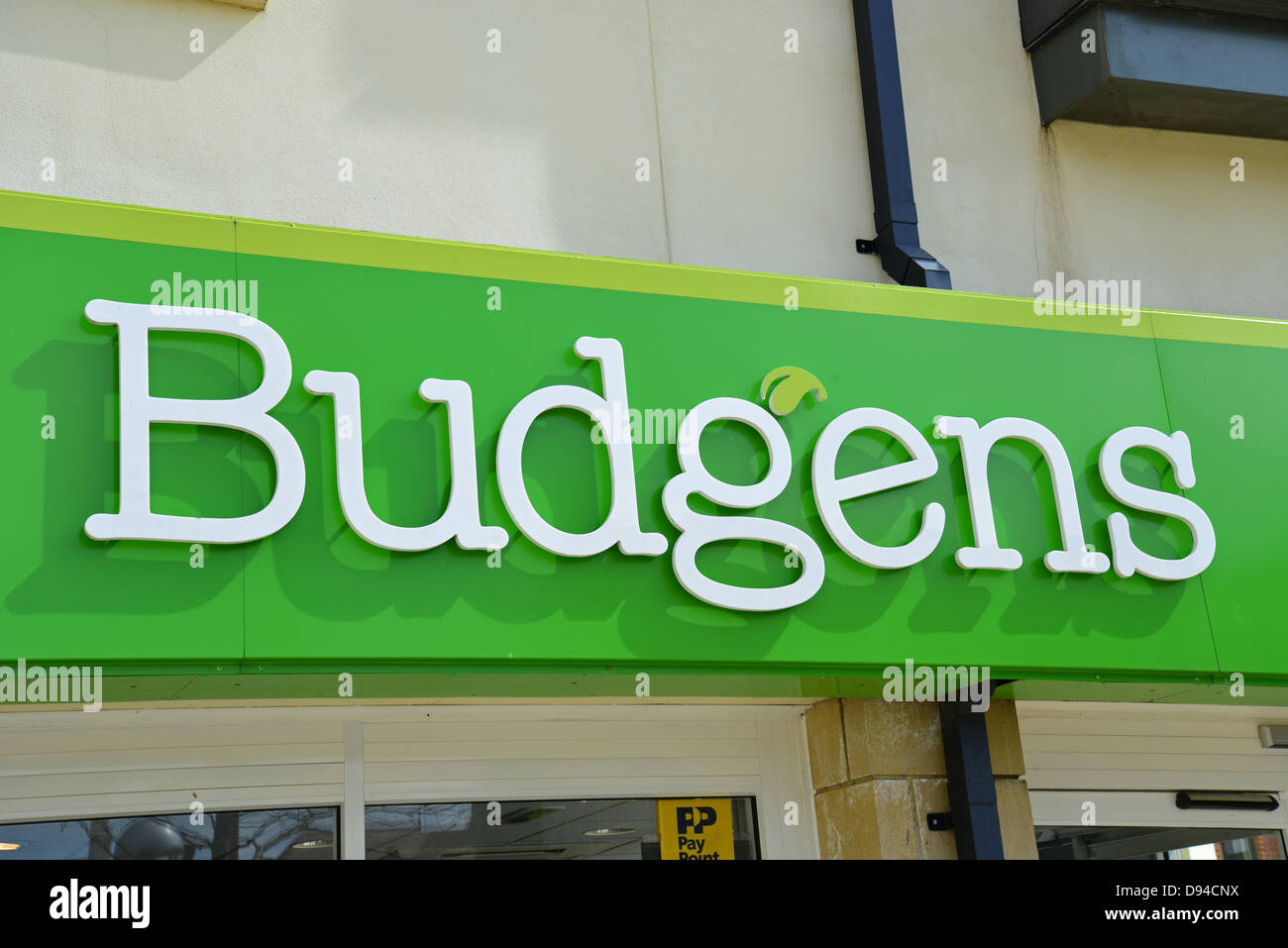 Budgens supermarket sign, Burgess Square, Brackley, Northamptonshire, England, United Kingdom Stock Photo