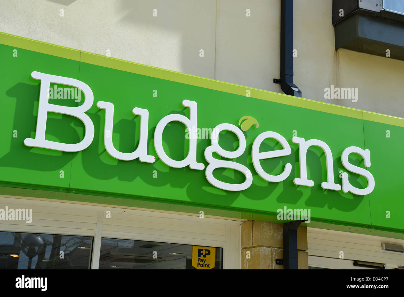 Budgens supermarket sign, Burgess Square, Brackley, Northamptonshire, England, United Kingdom Stock Photo