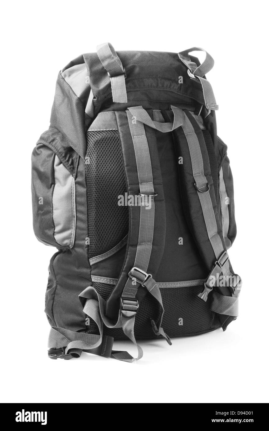 Camping Backpack Standing On White Background Stock Photo