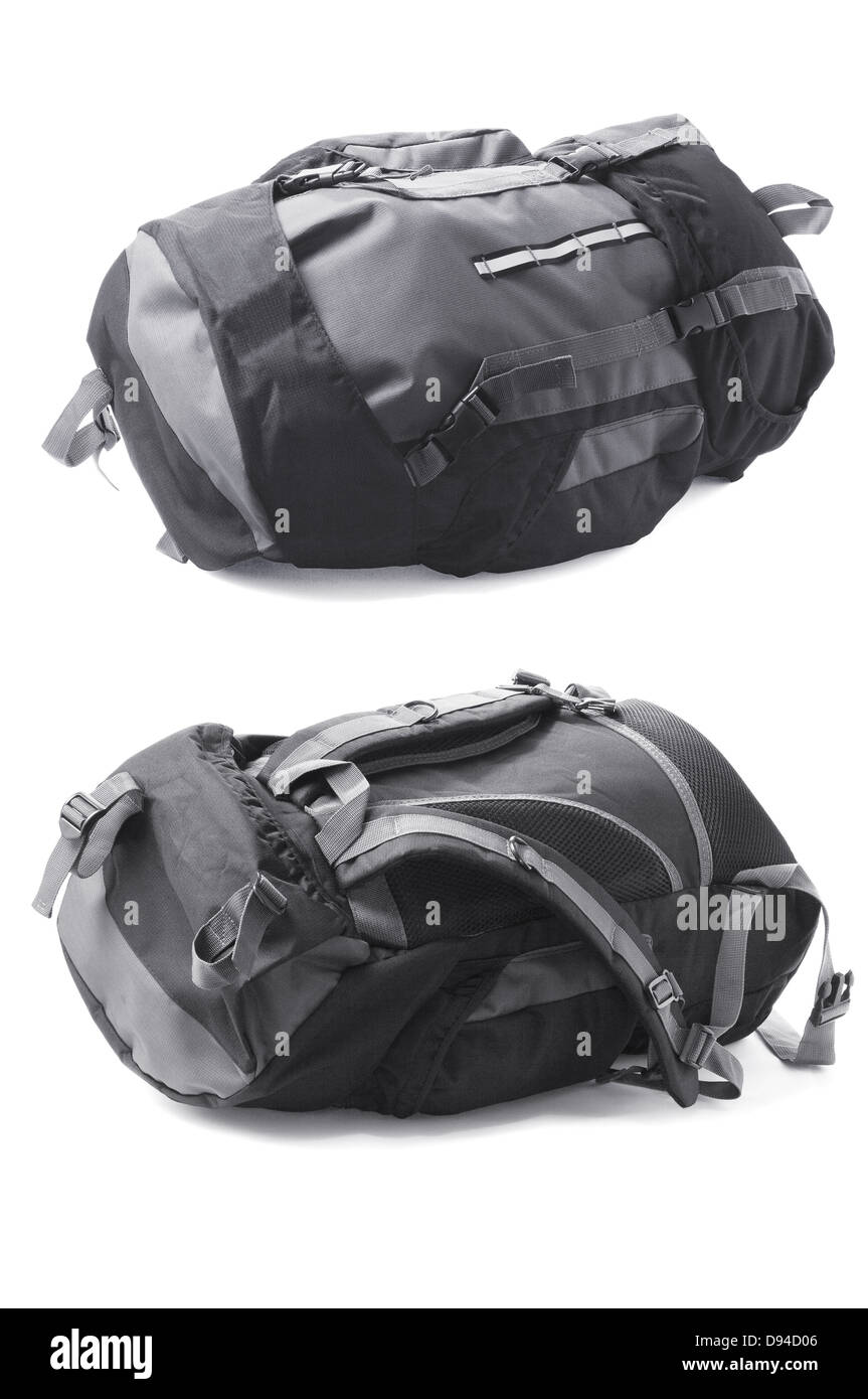 Two Camping Backpacks Lying On White Background Stock Photo
