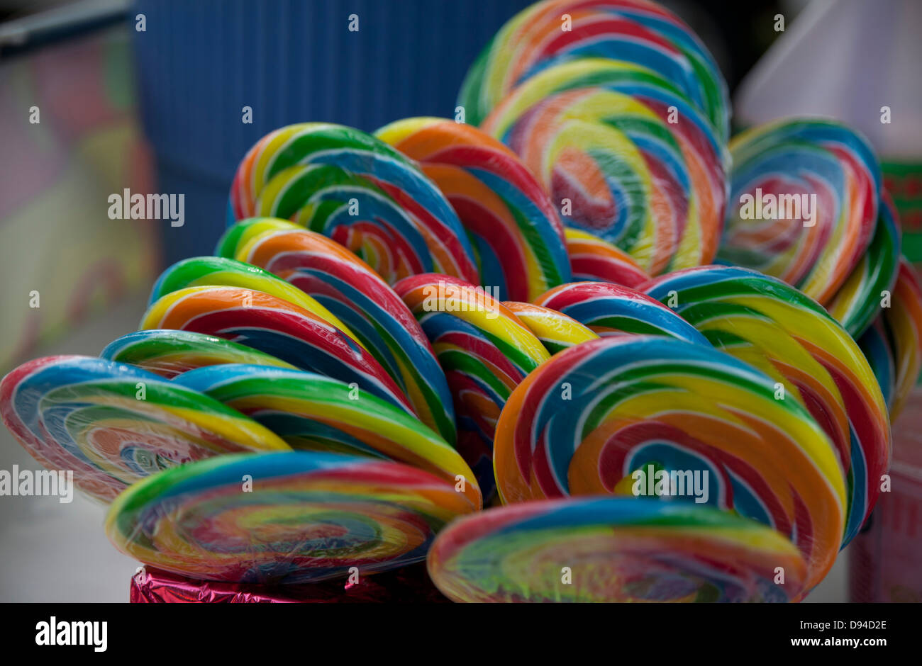 Colorful lollipops for sale at a carnival. Stock Photo