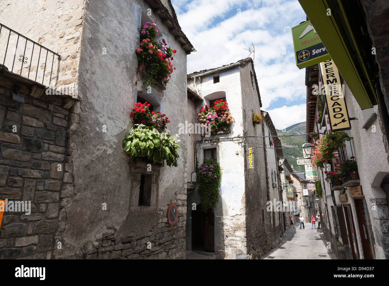Street scene in the village of Torla - Huesca, Aragon, Spain Stock Photo