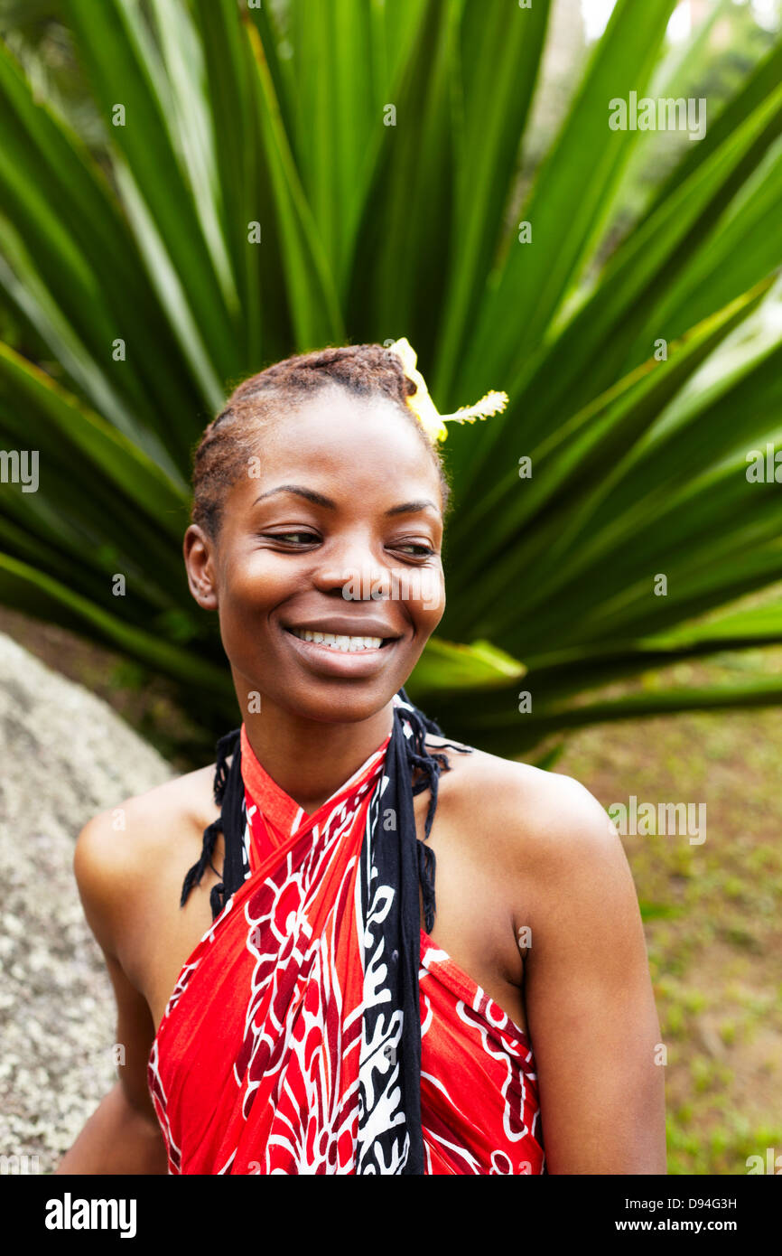 Black woman smiling outdoors Stock Photo
