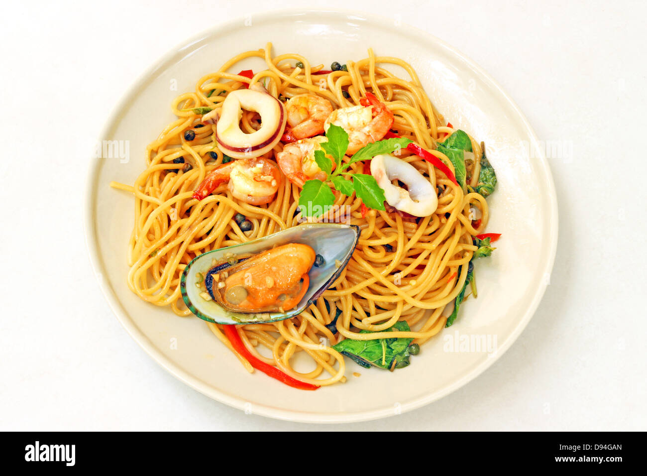 Spaghetti seafood in white dish Stock Photo