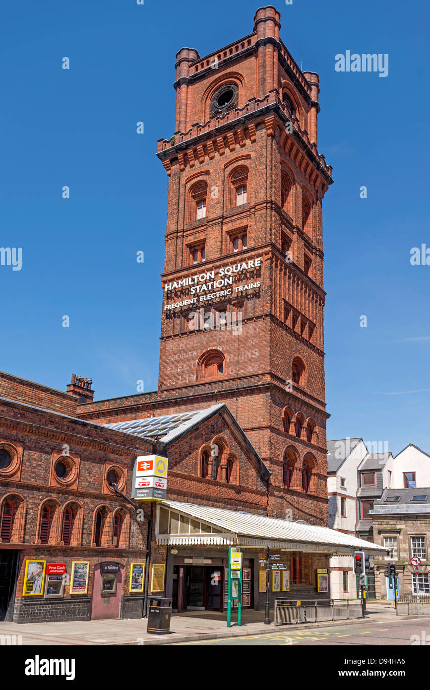 Birkenhead Hamilton Square railway station showing the old hydraulic lift tower. Stock Photo