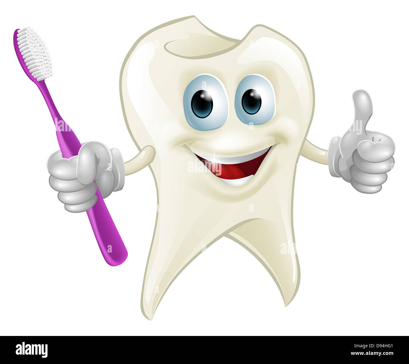An illustration of a cartoon tooth man character mascot holding a toothbrush Stock Photo