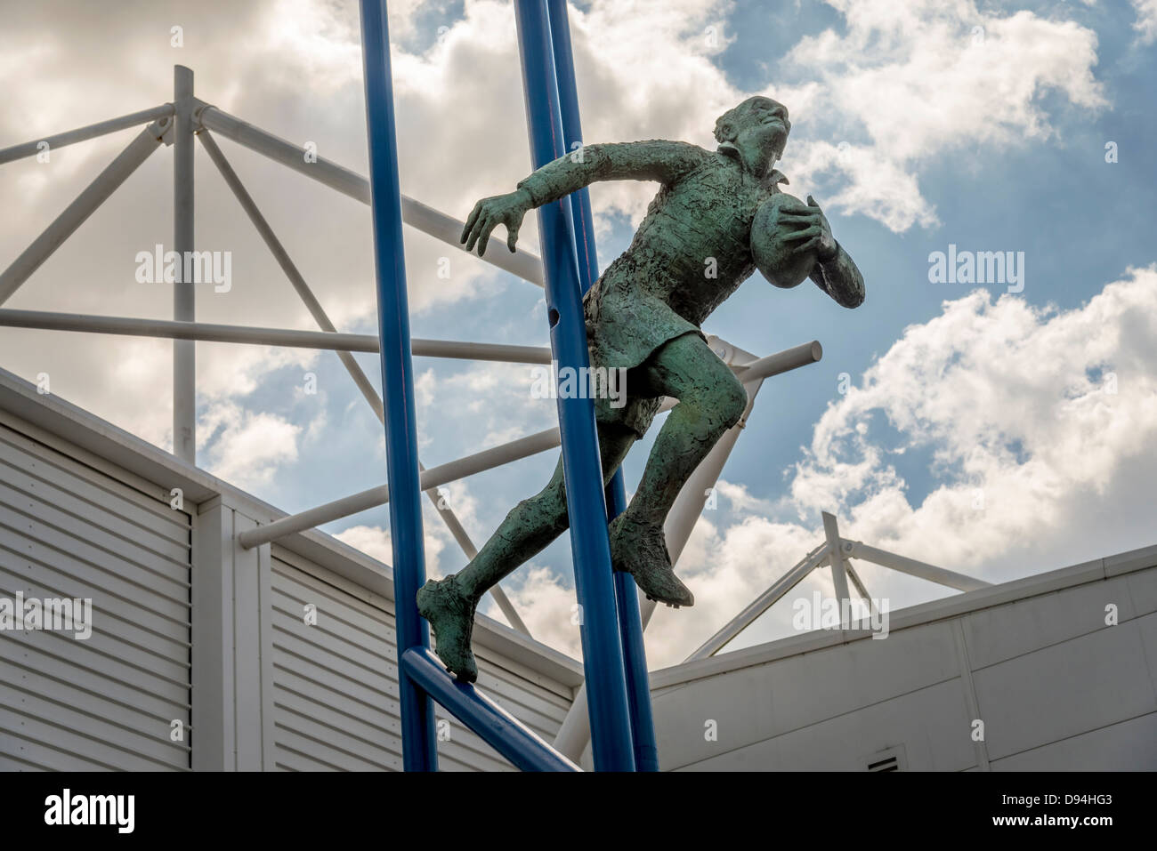 The statue of legendary rugby league payer Brian Bevan at the Warrington Wolves Halliwell Jones stadium. Stock Photo
