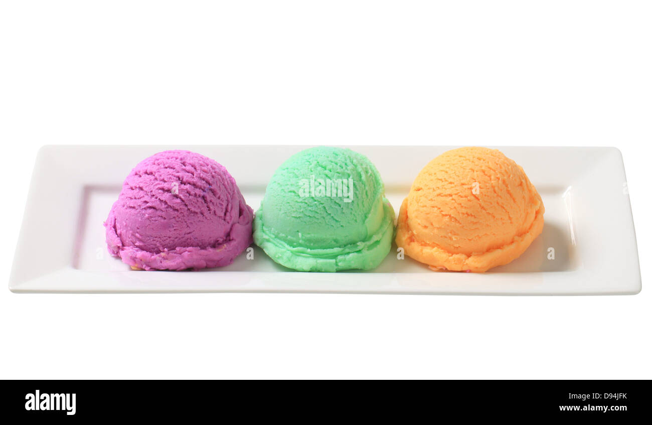 Three scoops of ice cream on long plate Stock Photo Alamy