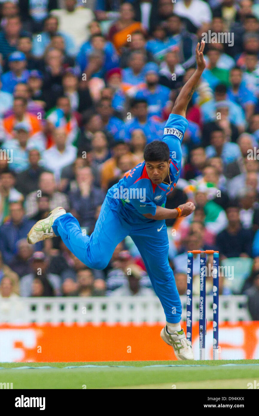 London, UK. 11th June, 2013. India's Umesh Yadav bowling during the ICC Champions Trophy international cricket match between India and The West Indies at The Oval Cricket Ground on June 11, 2013 in London, England. (Photo by Mitchell Gunn/ESPA/Alamy Live News) Stock Photo
