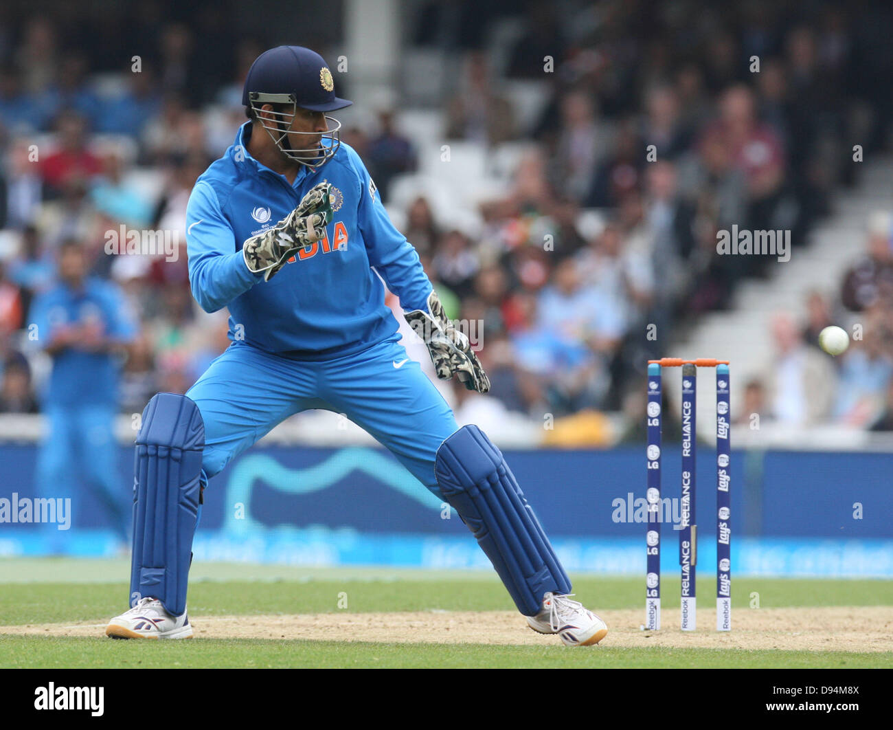 London, UK. 11th June, 2013. Mahendra Dhoni of India during the ICC Champions Trophy Group B fixture between India and West Indies from The Oval. Credit:  Action Plus Sports Images/Alamy Live News Stock Photo