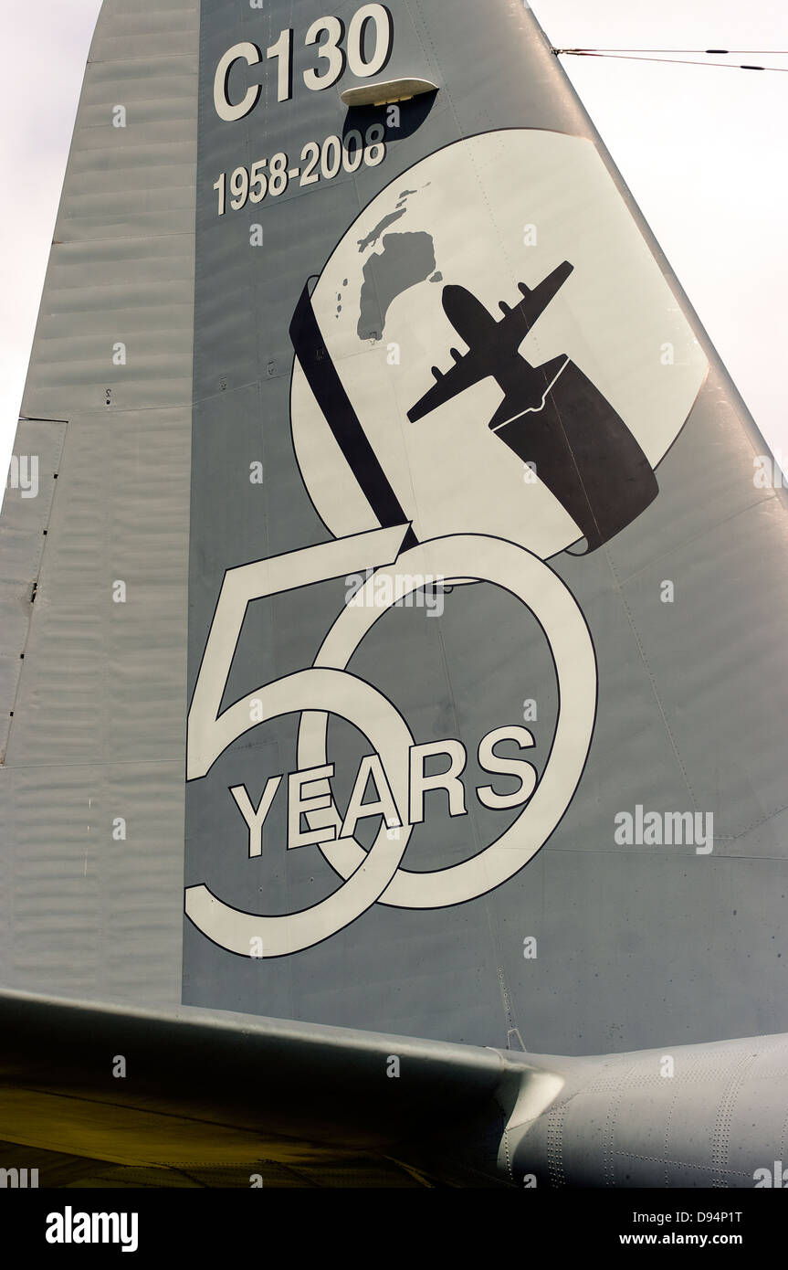 Tailplane of a Royal Australian Air Force C-130 Hercules, painted to celebrate 50 years of service. Stock Photo