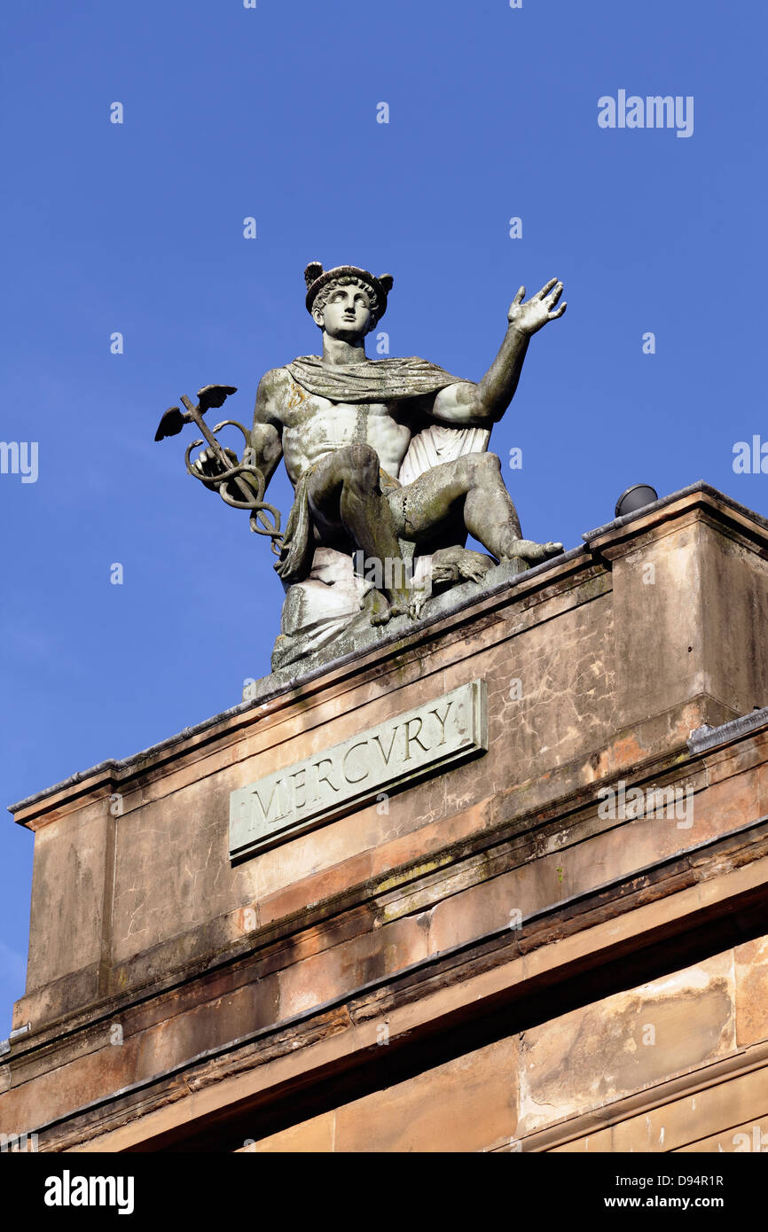 Statue of Mercury by Alexander Stoddart on top of a building on John Street in Glasgow city centre, Scotland, UK Stock Photo