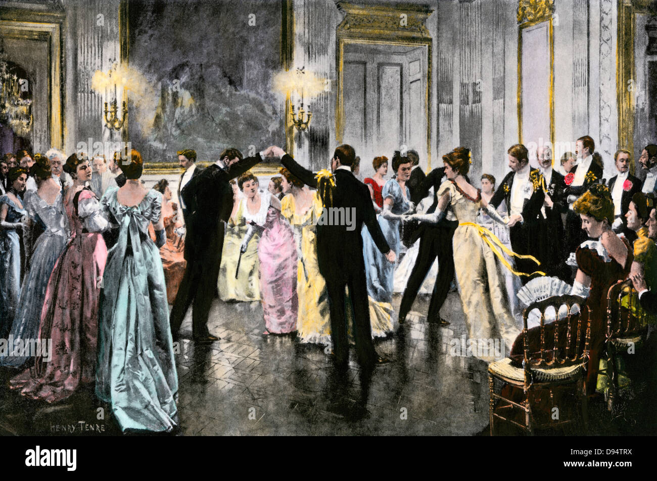 The cotillion, a formal dance circa 1900. Hand-colored halftone of a painting by Henri Tenre Stock Photo