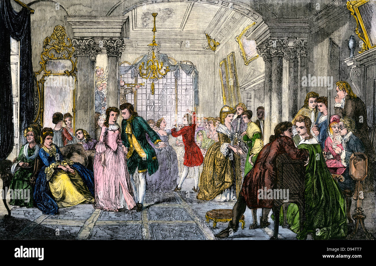 Social event in a ballroom in the 18th century. Hand-colored woodcut Stock Photo