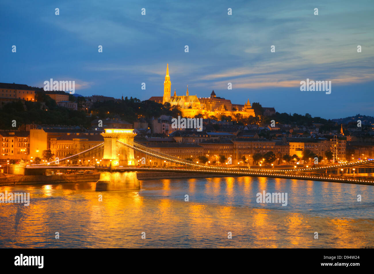 Illumination of Chain Bridge and the Castle area in Budapest, Hungary. Stock Photo