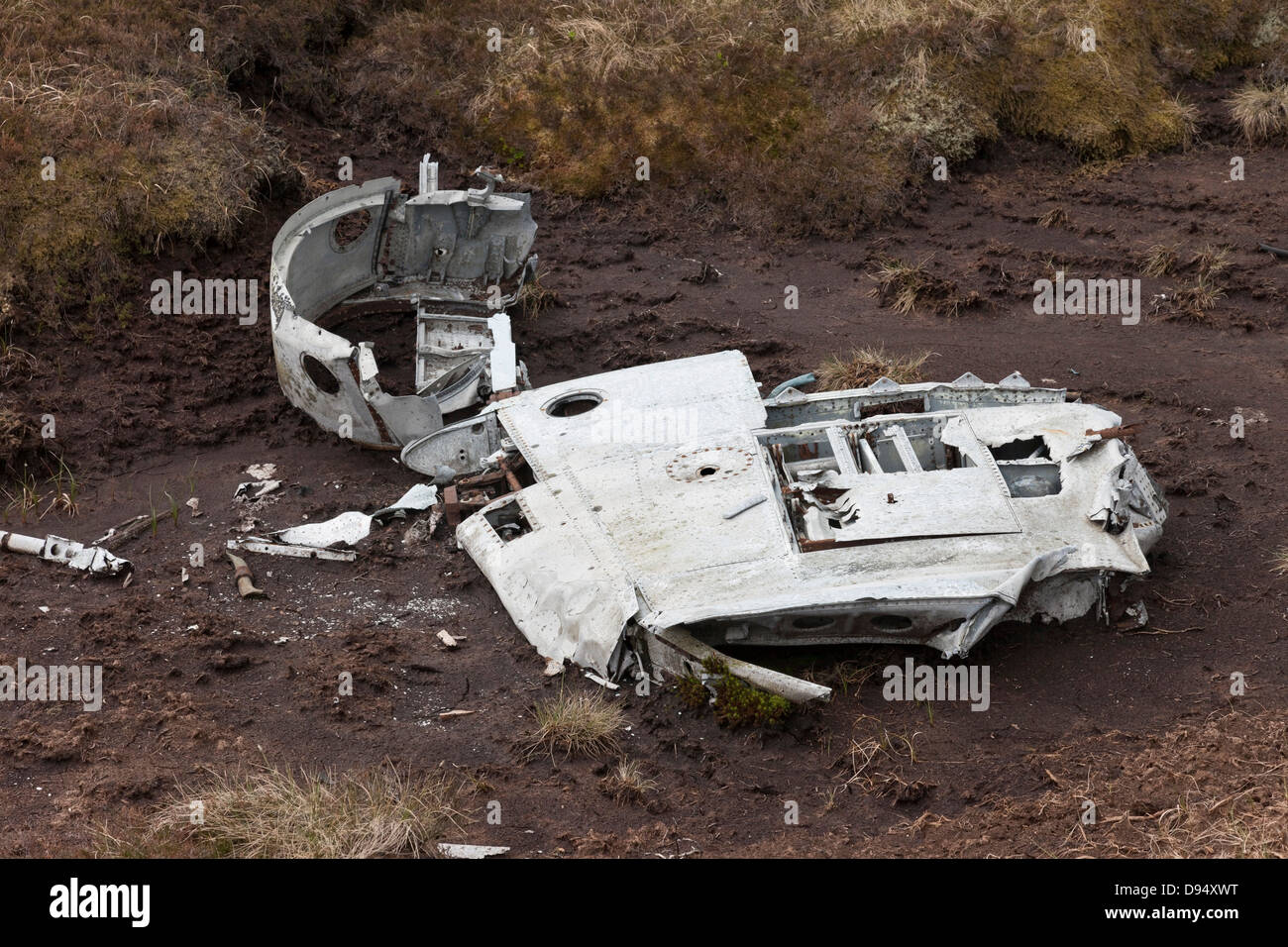 Aircraft Wreckage from a Gloster Meteor Jet which Crashed on Knock Fell in the North Pennines on 24th March 1954 Stock Photo