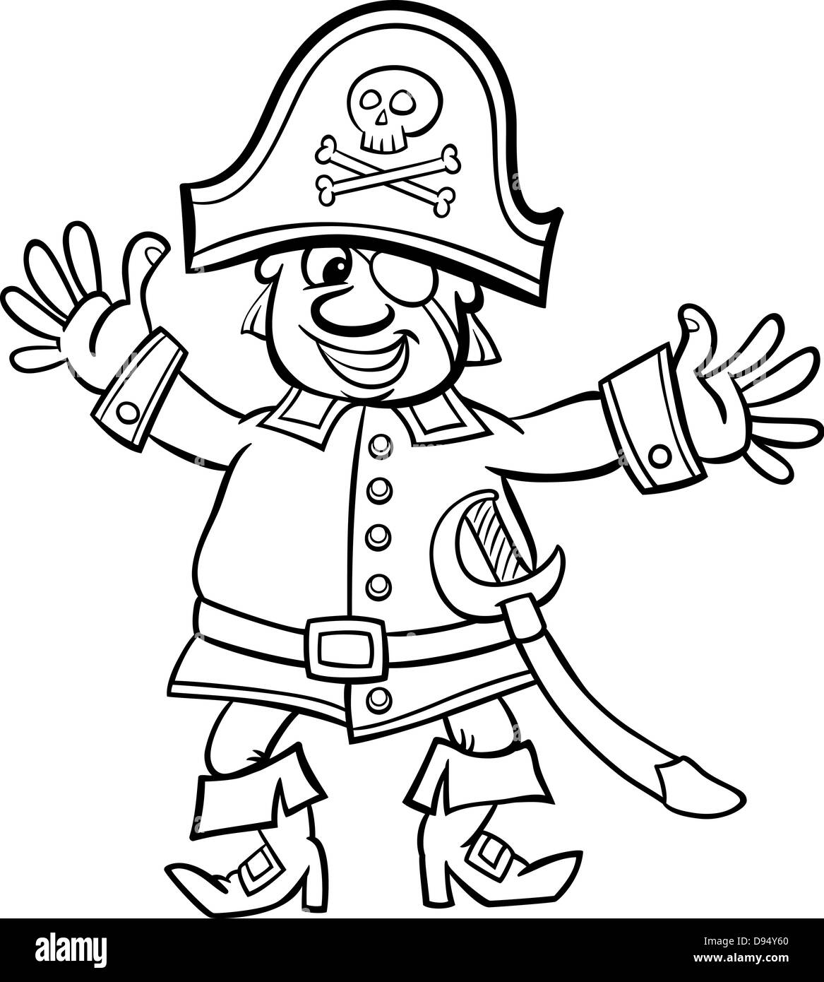 Black and White Cartoon Illustration of Funny Pirate Captain with Eye ...