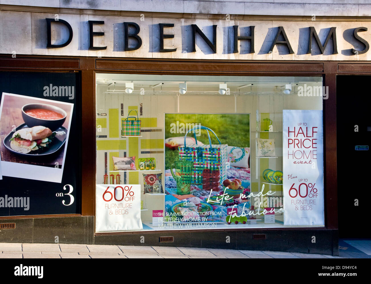 Sale offers in a Debenhams shop window Nottingham Nottinghamshire east Midlands England Stock Photo