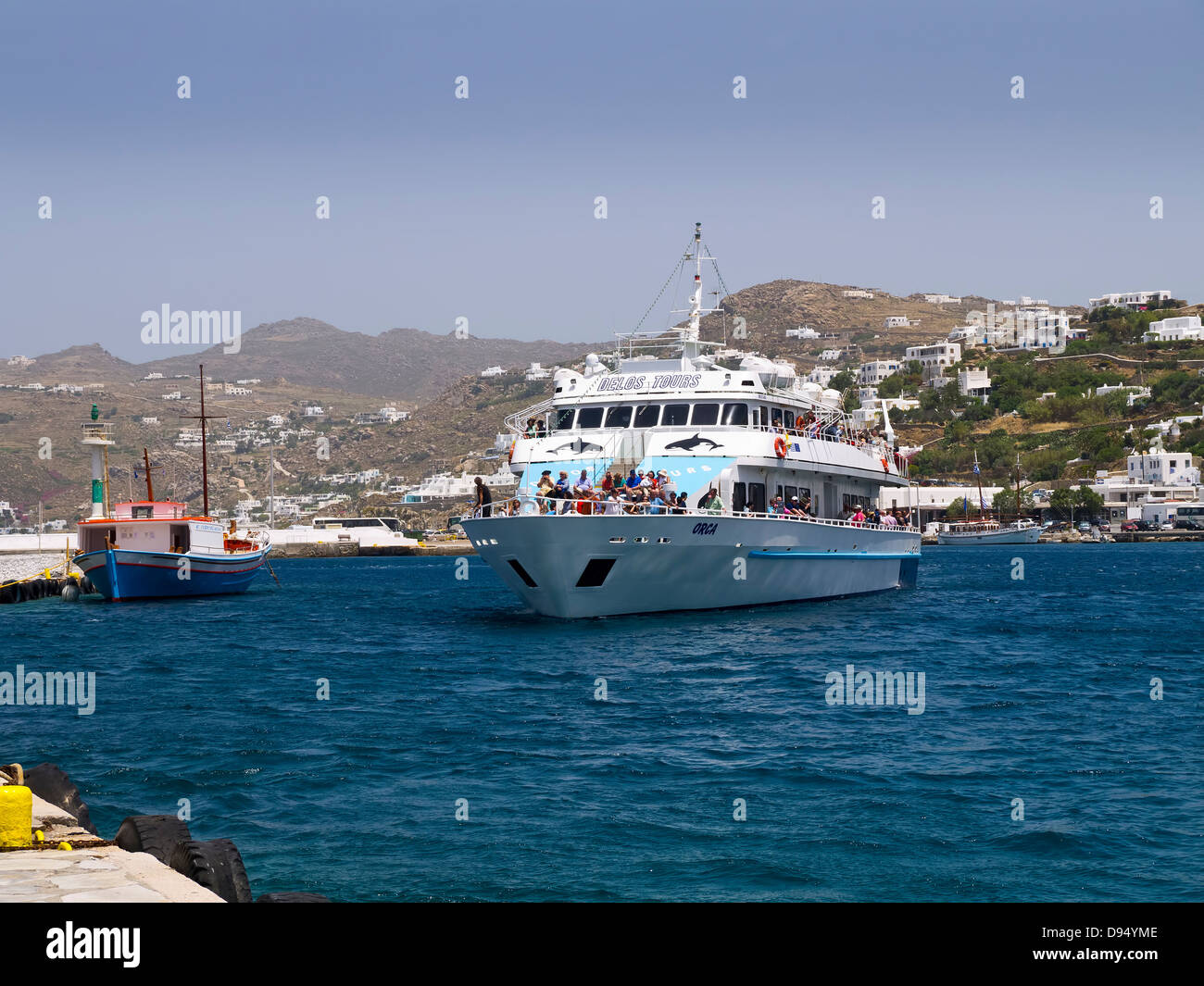 The ferry to the temple island of Delos in the Harbour on the island of