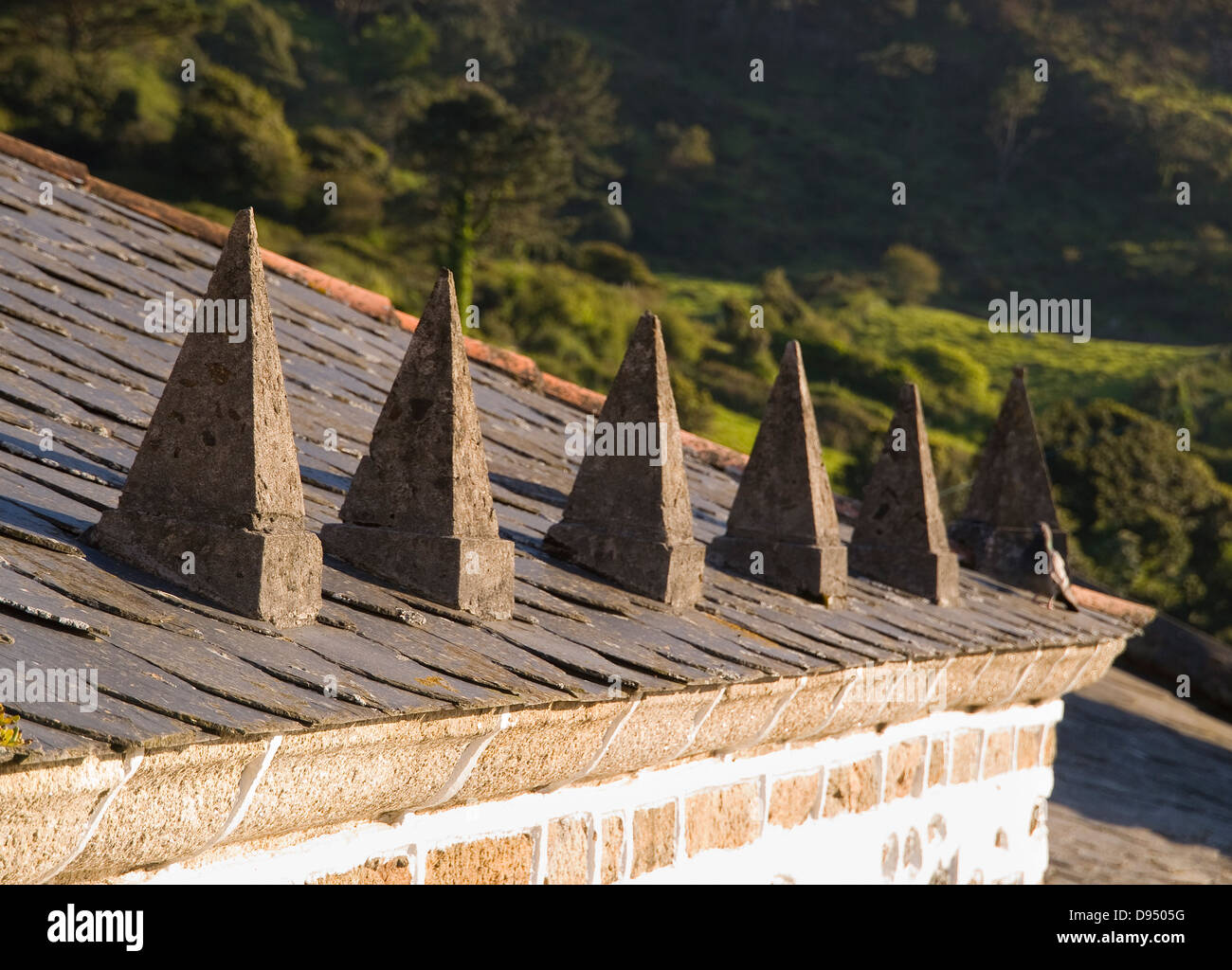 Slate roof detail with stone pinnacles. This place is located in San Andres de teixido, Galicia, Spain. Stock Photo
