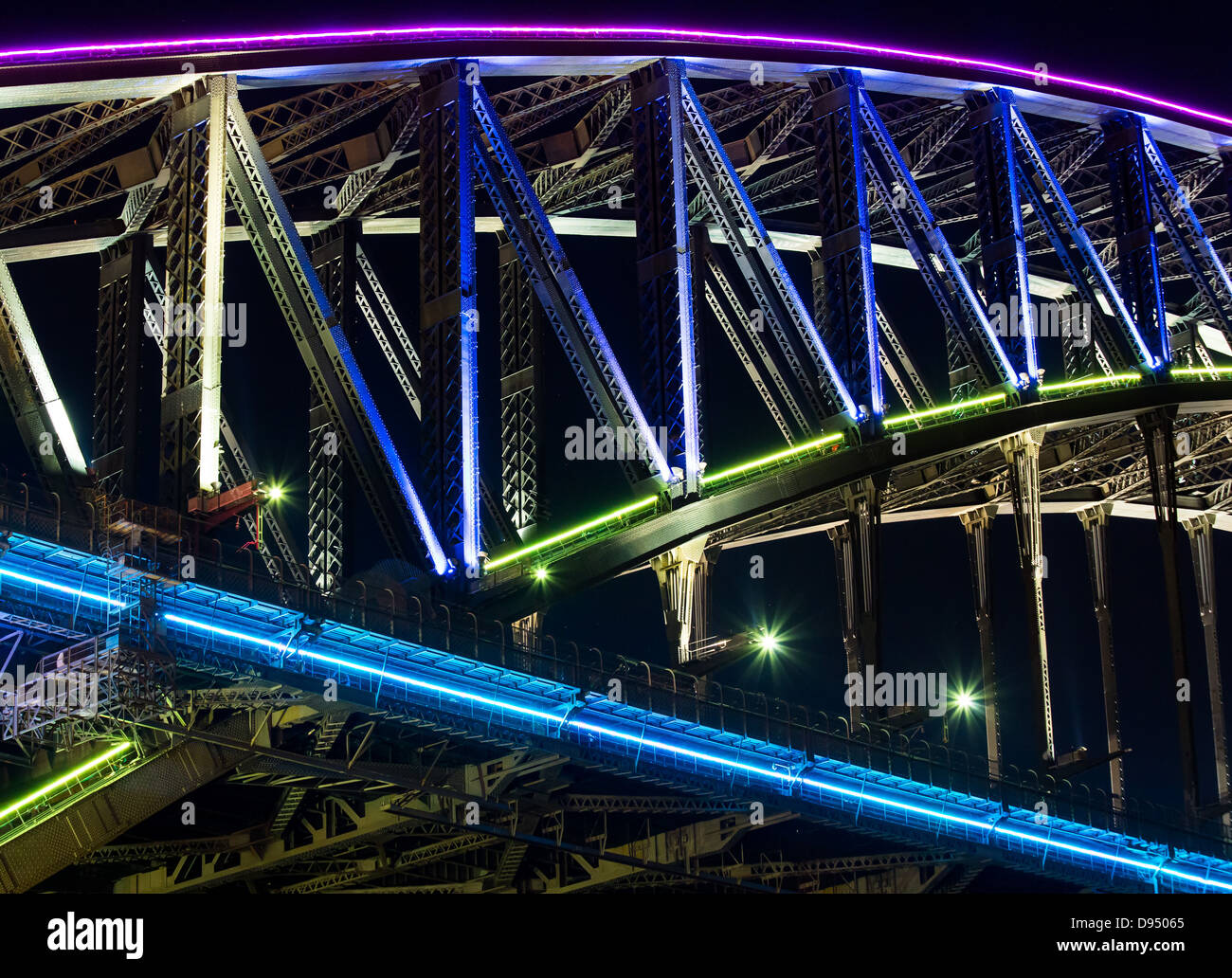 Detail of architecture on the Sydney Harbour Bridge, Australia, during the annual Vivid Light Festival Stock Photo