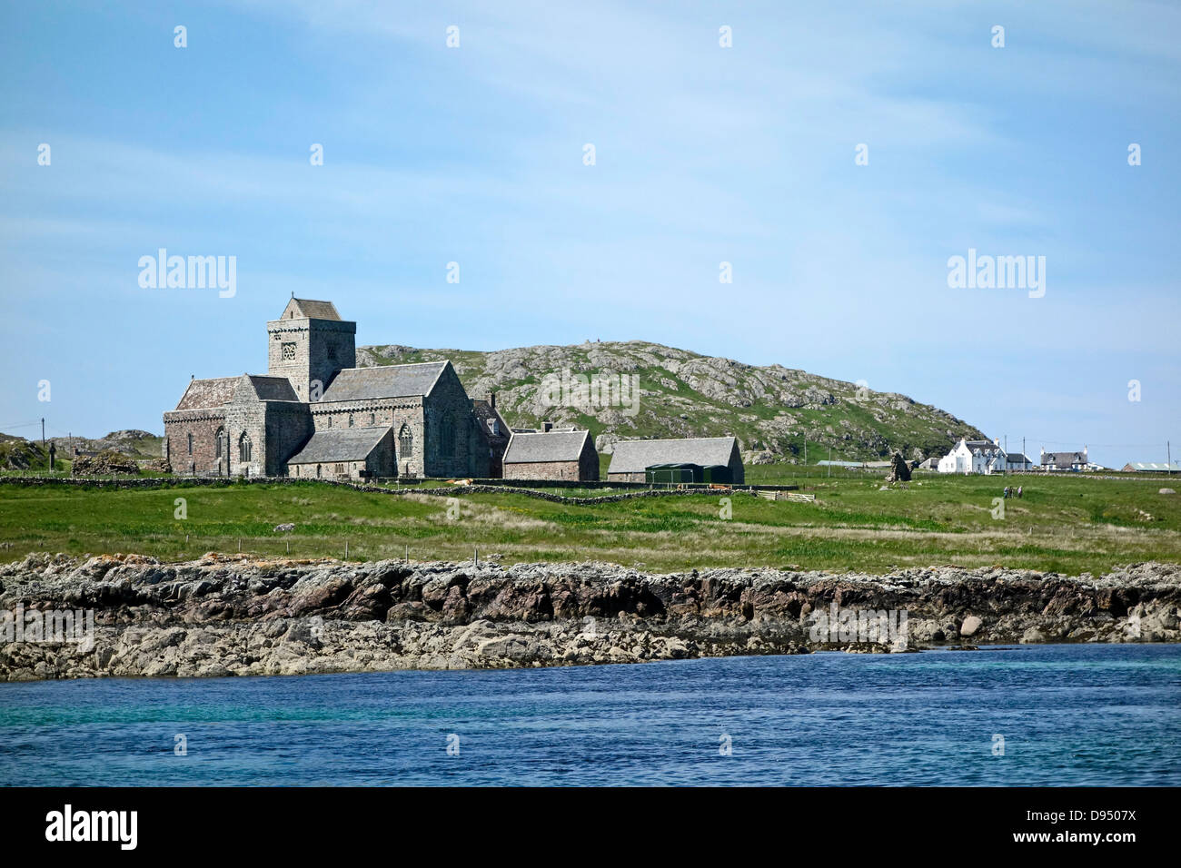 Historic Scotland owned and maintained Iona Abbey Baile Mor on the east coast of island Iona off Mull in west Scotland Stock Photo