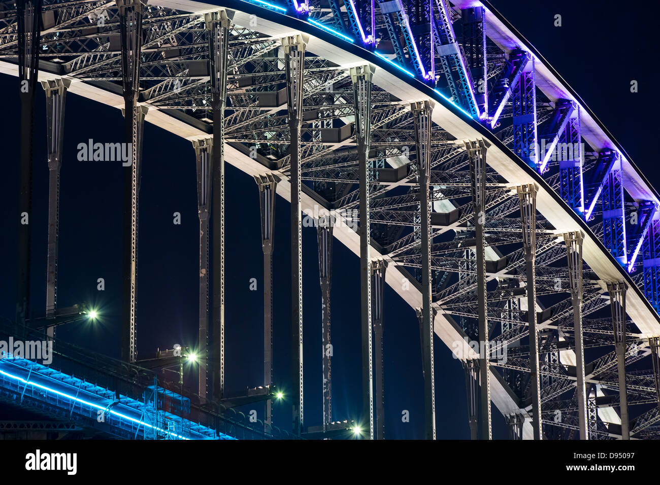 Detail of architecture on the Sydney Harbour Bridge, Australia, during the annual Vivid Light Festival Stock Photo
