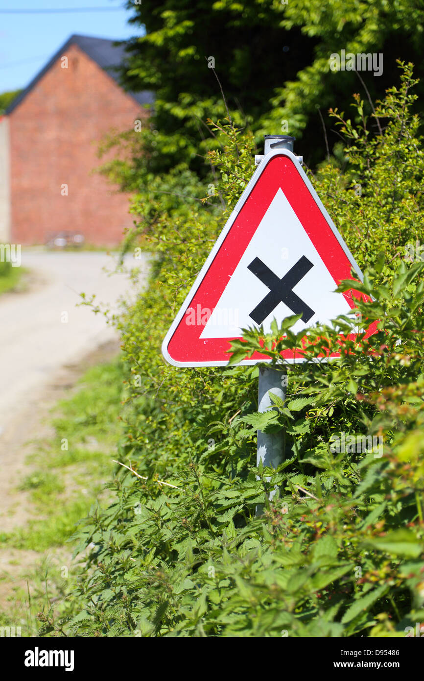 Right priority sign almost hidden by vegetation Stock Photo