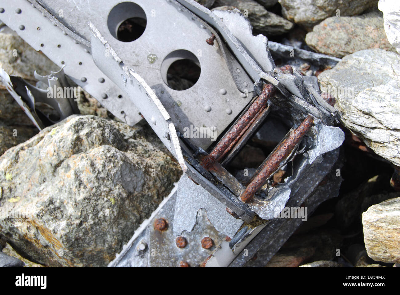 WWII Aircraft wreck wreckage of Halifax LL505 on Great Carrs, Lake District, Cumbria.  UK Stock Photo