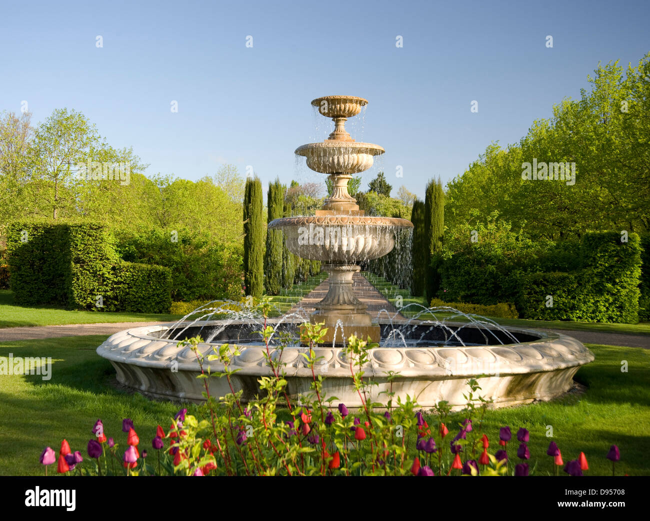 Multi coloured tulips planted around a stone fountain in Regent's Park, London, UK Stock Photo